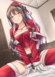 Rule 34 | 10s, 1girl, absurdres, arm support, baffu, belt, black panties, blush, brown hair, capelet, ceiling, commentary request, crop top, crop top overhang, fur trim, gloves, hat, highres, kantai collection, lipstick, long hair, looking at viewer, makeup, midriff, naganami (kancolle), navel, panties, pom pom (clothes), ponytail, santa costume, santa hat, shiny skin, sidelocks, skindentation, smile, solo, straddling, sweat, thighhighs, underwear, white gloves