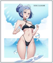 Rule 34 | 1girl, :o, aelion draws, artist name, bare arms, bare legs, bare shoulders, bikini, black bikini, blue hair, blurry, blush, bokeh, border, bubble, cloud, collarbone, commentary, constricted pupils, cross-laced clothes, curled fingers, depth of field, english commentary, forehead, gluteal fold, hair bun, hair ornament, hairclip, halterneck, halterneck, highleg, highleg bikini, highres, legs apart, looking at viewer, looking down, navel, open mouth, original, outdoors, patreon username, shadow, short hair, single hair bun, sky, solo, standing, swimsuit, teeth, thighs, upper teeth only, v-shaped eyebrows, water, white border
