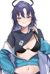 Rule 34 | 1girl, absurdres, black bra, black shirt, blue archive, blue eyes, blue hair, blue jacket, blush, bra, breasts, clothes lift, commentary, grin, halo, highres, hoangryu, id card, jacket, jacket partially removed, lifted by self, long hair, looking at viewer, mechanical halo, medium breasts, navel, off shoulder, official alternate costume, ponytail, shirt, shirt lift, short sleeves, simple background, smile, solo, star sticker, t-shirt, underwear, upper body, very long hair, white background, yuuka (blue archive), yuuka (track) (blue archive)