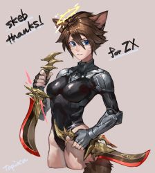 Rule 34 | 1girl, animal ears, armor, warrior of light (ff14), beige background, black leotard, blue eyes, brown hair, closed mouth, dagger, dual wielding, facial mark, final fantasy, final fantasy xiv, gloves, grey gloves, hair between eyes, halo, highres, holding, holding dagger, holding knife, holding weapon, knife, leotard, miqo&#039;te, original, pauldrons, short hair, shoulder armor, signature, simple background, solo, tail, tapioka chaso, turtleneck, weapon