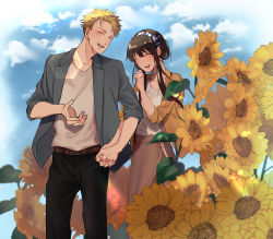 Rule 34 | 1boy, 1girl, absurdres, black hair, blonde hair, blue sky, blurry, blurry foreground, cloud, cloudy sky, collarbone, couple, earrings, flower, hairband, highres, holding hands, jewelry, kaya (yyao mie), long hair, open clothes, open mouth, pants, ring, shirt, sidelocks, skirt, sky, spy x family, sunflower, twilight (spy x family), yor briar