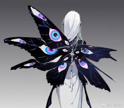 Rule 34 | 1girl, 270 (woshizongg), butterfly girl, butterfly wings, chinese commentary, dress, extra eyes, facing away, from behind, gradient background, grey background, insect wings, long hair, monster girl, original, pointy ears, solo, white dress, white hair, wings