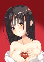 Rule 34 | 1girl, :t, absurdres, armpit crease, bare shoulders, black hair, blush, bow, breasts, cafe stella to shinigami no chou, chocolate, chocolate on body, chocolate on breasts, cleavage, collarbone, commentary, earrings, embarrassed, food on body, hair between eyes, hand up, head tilt, heart, highres, jewelry, ju3cxqko75m199r, large breasts, long hair, looking at viewer, mole, mole under eye, no bra, open clothes, open shirt, pout, red bow, shiki natsume, shiny skin, shirt, simple background, solo, straight hair, stud earrings, tsurime, upper body, valentine, wavy mouth, white shirt, yellow eyes