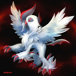 Rule 34 | absol, claws, closed mouth, creatures (company), eldrige, feathered wings, game freak, gen 3 pokemon, horns, mega absol, mega pokemon, nintendo, no humans, pokemon, pokemon (creature), red eyes, signature, solo, white hair, wings