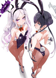 Rule 34 | 2girls, animal ears, asanagi, ass, back, bare shoulders, black gloves, black hair, black leotard, blue archive, blush, bow, bowtie, braid, braided bun, breasts, brown pantyhose, covered navel, detached collar, double bun, fake animal ears, full body, gloves, grey eyes, hair bun, half gloves, halo, high heels, highleg, highleg leotard, highres, hina (blue archive), horns, kisaki (blue archive), leotard, long hair, looking at viewer, looking back, multiple girls, multiple horns, oversized breast cup, pantyhose, parted bangs, playboy bunny, purple eyes, rabbit ears, rabbit tail, small breasts, tail, twintails, wavy hair, white hair, wrist cuffs