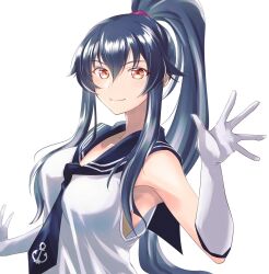 Rule 34 | 1girl, anchor symbol, armpits, black hair, breasts, collarbone, commentary request, elbow gloves, gloves, hair between eyes, hair ornament, hair scrunchie, high ponytail, highres, kantai collection, large breasts, long hair, looking at viewer, neckerchief, pink scrunchie, ponytail, red eyes, sailor collar, school uniform, scrunchie, serafuku, shirt, sidelocks, simple background, sleeveless, smile, solo, tsukasa (tukasa br), upper body, very long hair, waving, white background, white gloves, white shirt, yahagi (kancolle)