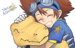 Rule 34 | 1boy, ^ ^, agumon, ayame (artist), blush, brown hair, character name, child, claws, closed eyes, creature, digimon, digimon (creature), digimon adventure, gloves, goggles, grin, hug, male focus, reptile, sharp teeth, simple background, smile, solo, star (symbol), teeth, upper body, white background, yagami taichi