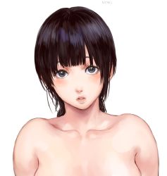 Rule 34 | 1girl, bare shoulders, black eyes, black hair, collarbone, commentary request, lips, long hair, looking at viewer, nose, original, parted lips, portrait, shu-mai, simple background, solo, white background