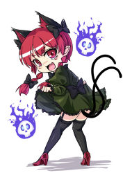 Rule 34 | 1girl, absurdres, animal ears, black thighhighs, blush stickers, bow, braid, cat ears, cat tail, clothes lift, curtsey, dress, dress lift, extra ears, fang, full body, garter straps, green dress, hair bow, hair ornament, high heels, highres, kaenbyou rin, koissa, long hair, long sleeves, looking at viewer, looking back, multiple tails, pointy ears, puffy sleeves, red eyes, red hair, simple background, skull, solo, tail, thighhighs, touhou, twin braids, white background