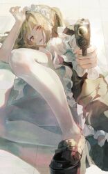 Rule 34 | 1girl, apron, black footwear, blonde hair, blunt bangs, fingernails, frills, gun, highres, holding, holding gun, holding weapon, light, long hair, looking at viewer, lying, maid, maid headdress, nazuna (nazuna su), on back, on floor, one side up, open mouth, original, pantyhose, puffy short sleeves, puffy sleeves, purple eyes, shadow, short sleeves, solo, teeth, tongue, tongue out, upper teeth only, weapon, white pantyhose