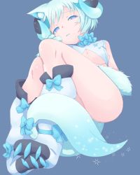 Rule 34 | 1girl, animal ear fluff, animal ears, bioluminescence, blue background, blue bow, blue hair, bow, breasts, claws, female focus, glowing, highres, horns, nena (pixiv23458451), original, parted lips, short hair, simple background, solo, tail, thighs, underboob