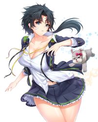 Rule 34 | 1girl, animal, bandaid, bandaid on face, black hair, black skirt, blazer, blue eyes, blush, breasts, buttons, choi (soccer spirits), cleavage, collarbone, collared shirt, cowboy shot, dog, dress shirt, eyebrows, floating hair, genderswap, genderswap (mtf), highres, jacket, large breasts, long hair, looking at viewer, miniskirt, moing, navel, open clothes, open jacket, parted bangs, pleated skirt, ribbon, shade, shirt, skirt, sleeves past elbows, soccer spirits, star (symbol), suspender skirt, suspenders, tongue, tongue out, twisted torso, unbuckled, untucked shirt, white shirt, yellow ribbon