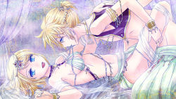 Rule 34 | 00s, 1boy, 1girl, arabian clothes, blonde hair, blue eyes, bracelet, breasts, cleavage, hair ornament, hetero, incest, jewelry, kagamine len, kagamine rin, leg hold, leg lock, looking at viewer, medium breasts, mouth hold, no panties, short hair, sideboob, stomach, tongue, tongue out, veil, vocaloid, zashiki usagi