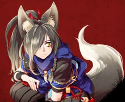 Rule 34 | 1boy, androgynous, animal ears, black hair, fox ears, fox tail, hagi (mabinogi), hair over one eye, jewelry, long hair, mabinogi, male focus, necklace, open clothes, ponytail, rian (bdl), smile, solo, tail, trap, yellow eyes