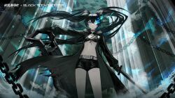Rule 34 | 1girl, artist request, belt, black hair, black rock shooter, black rock shooter (character), blue eyes, blue fire, board game, chain, chess, collaboration, fire, flaming eye, frown, glaring, gun, highres, holding, holding gun, holding sword, holding weapon, jacket, looking at viewer, neck ribbon, official art, open clothes, open jacket, punishing: gray raven, ribbon, shorts, sword, torn clothes, twintails, weapon, zipper
