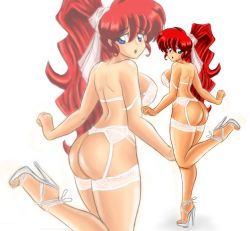 Rule 34 | 1girl, ass, blue eyes, bra, breasts, female focus, gender request, genderswap, gradient background, high heels, highres, large breasts, lingerie, link12911291, long hair, looking at viewer, open mouth, open shoes, ponytail, ranma-chan, ranma 1/2, red hair, saotome ranma, shoes, solo, underwear, white background