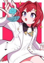 Rule 34 | 1girl, ange katrina, blue eyes, detached collar, dress, flask, hair intakes, highres, jewelry, lab coat, looking at object, necklace, negiponzu, nijisanji, open mouth, red hair, round-bottom flask, short hair, sparkle, star-shaped pupils, star (symbol), symbol-shaped pupils, thighs, triangle hair ornament, virtual youtuber, white dress