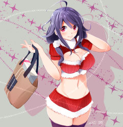 Rule 34 | 10s, 1girl, 2014, ahoge, bad id, bad pixiv id, bag, blue hair, breasts, cleavage, cleavage cutout, clothing cutout, cowboy shot, dated, december, fur trim, hand in own hair, handbag, highres, kantai collection, large breasts, microskirt, midriff, navel, purple eyes, purple hair, purple thighhighs, red eyes, skirt, smile, standing, taigei (kancolle), tebi (tbd11), thighhighs