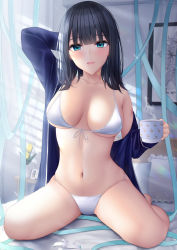 Rule 34 | 1girl, aqua eyes, arm behind back, arm up, bad id, bad pixiv id, bandaid, bandaid on neck, bare legs, bare shoulders, bed sheet, bikini, black hair, blue ribbon, blunt bangs, blush, breasts, cleavage, collarbone, commentary request, cup, front-tie bikini top, front-tie top, highres, holding, holding cup, indoors, injury, large breasts, long hair, long sleeves, looking at viewer, mhru, navel, off shoulder, on bed, open mouth, original, pillow, ribbon, sitting, solo, steam, stomach, swimsuit, thighs, wariza, white bikini