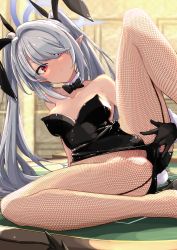 Rule 34 | 1girl, animal ears, bare shoulders, black gloves, black leotard, black ribbon, blue archive, blush, detached collar, fake animal ears, fishnet pantyhose, fishnets, gloves, grey hair, hair intakes, hair over one eye, hair ribbon, halo, highres, iori (blue archive), leotard, long bangs, long hair, looking at viewer, owerk, pantyhose, playboy bunny, pointy ears, rabbit ears, rabbit tail, red eyes, ribbon, sidelocks, solo, strapless, strapless leotard, swept bangs, tail, twintails, very long hair, wrist cuffs