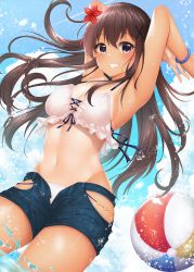 Rule 34 | 1girl, armpits, arms up, ball, beachball, bikini, bikini top only, bikini under clothes, blush, bracelet, breasts, brown eyes, brown hair, cleavage, clothing cutout, cloud, commentary request, cross-laced bikini, cross-laced clothes, denim, denim shorts, flower, frilled bikini, frills, from below, groin, hair between eyes, hair flower, hair ornament, hairclip, halterneck, highres, jewelry, large breasts, lens flare, long hair, looking at viewer, midriff, minato ojitan, navel, open clothes, open shorts, original, outdoors, partially submerged, shorts, side cutout, smile, solo, swimsuit, tan, tanline, tareme, teeth, unbuttoned, unzipped, water, water drop, wet, wet hair