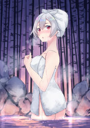 Rule 34 | 1girl, absurdres, bamboo, bamboo forest, blush, fate/grand order, fate (series), forest, highres, muragaki (sgxx4878), naked towel, nature, onsen, red eyes, silver hair, solo, tomoe gozen (fate), towel, towel on head