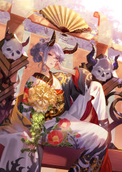 Rule 34 | 1girl, horns, japanese clothes, kimono, looking at viewer, ojyou, oni, original, pointy ears, red eyes, short hair, silver hair, sitting, skull, solo