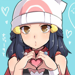 Rule 34 | 1girl, bare shoulders, beanie, blue background, blue hair, creatures (company), dawn (pokemon), eyelashes, game freak, hair ornament, hairclip, half updo, hands up, hat, heart, heart hands, jewelry, long hair, looking at viewer, mokorei, nintendo, parted lips, poke ball theme, pokemon, pokemon adventures, red scarf, ring, scarf, simple background, solo, translation request, upper body, watch, white hat, wristwatch, yellow eyes
