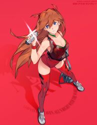Rule 34 | 1girl, armband, bag, blue eyes, breasts, brown hair, cesar art456, choker, cleavage, foreshortening, hair ornament, highres, leotard, logo, long hair, medium breasts, neon genesis evangelion, open mouth, plugsuit, red armband, red background, red leotard, see-through, shoes, sneakers, solo, souryuu asuka langley, standing, thighhighs