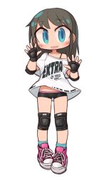 bike_shorts black_gloves blue_eyes bra_strap brown_hair fang fingerless_gloves gloves highres knee_pads medium_hair nanatsuta original shoes short_shorts shorts simple_background sneakers upshirt white_background