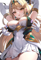 Rule 34 | 1girl, armpits, arms up, blonde hair, breasts, cleavage, cleavage cutout, clothing cutout, cowboy shot, detached sleeves, disembodied hand, dress, earrings, highres, imminent breast grab, jewelry, large breasts, light blush, long hair, mythra (xenoblade), open mouth, paid reward available, sweatdrop, tomas (kaosu22), very long hair, white dress, xenoblade chronicles (series), xenoblade chronicles 2, yellow eyes, you gonna get raped