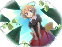 Rule 34 | 1girl, blonde hair, blue eyes, blush stickers, dress, female focus, from below, gotyou, looking up, medicine melancholy, open mouth, ribbon, short hair, sketch, smile, solo, touhou