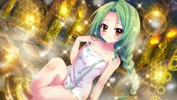 Rule 34 | 1girl, bamboo, blush, braid, braided ponytail, breasts, cage, cleavage, collarbone, dot nose, dutch angle, film grain, forehead, game cg, green hair, grin, hand up, head tilt, izumi tsubasu, lens flare, looking at viewer, low ponytail, medium breasts, naked towel, night, non-web source, official art, onsen, parted lips, print towel, re:stage!, shirokita kuroha, sitting, smile, soaking feet, solo, sparkle, star (symbol), star print, steam, towel, white towel