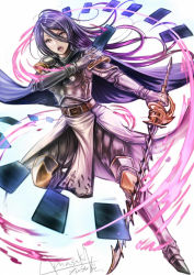 Rule 34 | 10s, 1girl, amasaki yusuke, armor, armored boots, boots, breasts, gauntlets, granblue fantasy, holding, holding sword, holding weapon, long hair, open mouth, purple hair, rosamia (granblue fantasy), shoulder armor, signature, solo, pauldrons, sword, weapon