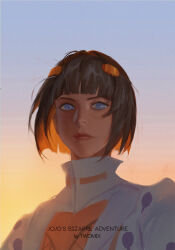 Rule 34 | 1boy, androgynous, backlighting, black hair, blue eyes, bob cut, bruno bucciarati, cleavage cutout, clothing cutout, flat chest, hair ornament, high collar, jojo no kimyou na bouken, looking at viewer, male focus, multicolored hair, realistic, solo, sunset, two-tone hair, twomix, vento aureo