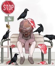 Rule 34 | 1boy, animal, animal on head, ankle socks, apron, bad id, bad pixiv id, bench, bird, bird on head, birds, blood, blood stain, brown apron, brown footwear, brown headwear, brown jacket, brown neckwear, concrete, concrete floor, crow, crows, danganronpa (series), danganronpa another episode: ultra despair girls, despair sauce (artist), food, full body, grey eyes, highres, jacket, kemuri jataro, kubrick stare, leather mask, long sleeves, looking at viewer, loose socks, mask, mask on head, meat, necktie, on head, park bench, patch, raw meat, road sign, sign, simple background, sitting, socks, steak, stitches, stop sign, tan footwear, white background