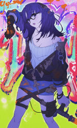 Rule 34 | 1girl, absurdres, blue eyes, blue hair, bodypaint, bracelet, brown jacket, collarbone, dark blue hair, glasses, gloves, graffiti, granblue fantasy, hair ornament, highres, illnott (granblue fantasy), jacket, jewelry, looking at viewer, multicolored background, open clothes, open jacket, open mouth, paint, paint gun, painted clothes, shirt, skirt, tsubomi haku, white shirt