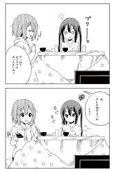 Rule 34 | 2girls, :d, bowl, chopsticks, comic, controller, food, glass, hair ornament, hairclip, highres, hirasawa yui, hood, hoodie, k-on!, kotatsu, long hair, monochrome, multiple girls, nakano azusa, official style, open mouth, pout, ragho no erika, remote control, short hair, smile, table, television, translation request, twintails