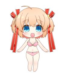 Rule 34 | 1girl, :d, ahoge, arms at sides, bare arms, bare legs, blonde hair, blue eyes, blush, bra, breasts, chibi, cleavage, commentary, eyes visible through hair, frilled bra, frills, hair between eyes, hair ornament, hair ribbon, highres, kamikita komari, little busters!, long ribbon, looking at viewer, medium breasts, natsuoto rito, navel, open mouth, panties, pink bra, pink panties, red ribbon, ribbon, short hair, simple background, smile, solo, standing, star (symbol), star hair ornament, straight-on, two side up, underwear, underwear only, white background