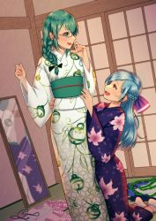 Rule 34 | .live, 2girls, :d, blue hair, bow, braid, eye contact, floral print, glasses, green eyes, green hair, hand on another&#039;s waist, hand up, indoors, japanese clothes, kagura suzu (.live), kimono, kneeling, long hair, looking at another, mirror, multiple girls, obi, open mouth, pink bow, print kimono, sash, sliding doors, smile, socks, standing, tatami, tenchi666, unworn kimono, virtual youtuber, white kimono, white socks, wide sleeves, yamato iori