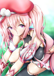 Rule 34 | 1girl, :o, absurdres, bare shoulders, beret, blurry, blurry background, breasts, cleavage, cleavage cutout, clothing cutout, grass, hair between eyes, hat, highres, large breasts, long hair, looking at viewer, parted lips, pink hair, princess connect!, purple eyes, solo, takemura kou, thighs, tsumugi (princess connect!), twintails
