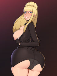 Rule 34 | 1girl, ass, black gloves, black panties, blonde hair, blue eyes, blunt bangs, breasts, cleft of venus, dress shirt, gloves, highres, huge ass, jacket, kolin, large breasts, lips, nipples, no bra, panties, partially undressed, pencil skirt, pussy, r3dstar, shirt, side ponytail, skirt, solo, street fighter, street fighter v, thick thighs, thighs, underwear, white shirt, wide hips