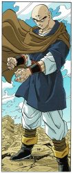 Rule 34 | 1boy, absurdres, bald, black eyes, blue sky, boots, cape, clothes lift, cloud, cloudy sky, day, dragon ball, dragonball z, fingernails, frown, full body, highres, long sleeves, looking away, male focus, official art, outdoors, rock, serious, shaded face, sky, solo, standing, sweatdrop, tenshinhan, third eye, toriyama akira, wind, wind lift
