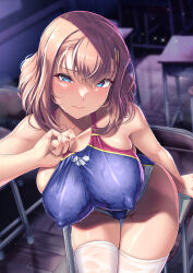 Rule 34 | blue eyes, blue one-piece swimsuit, breasts, brown hair, classroom, competition swimsuit, covered erect nipples, desk, hair ornament, hairclip, hassen (8cm), highres, large breasts, multicolored clothes, multicolored swimsuit, one-piece swimsuit, original, swimsuit, thighhighs, tsurime, two-tone swimsuit, wet, wet clothes, wet legwear, wet swimsuit, wet thighhighs, white thighhighs