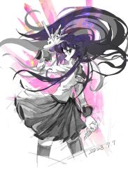 Rule 34 | 1girl, bakemonogatari, between fingers, boxcutter, compass (instrument), cropped legs, dated, eyelashes, floating hair, from behind, goffstager, greyscale with colored background, hand up, highres, holding, juliet sleeves, long hair, long sleeves, looking at viewer, looking back, monogatari (series), naoetsu high school uniform, pencil, pleated skirt, puffy sleeves, ruler, school uniform, senjougahara hitagi, sketch, skindentation, skirt, solo, stationery, thighhighs, very long hair