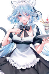 Rule 34 | 1girl, :p, ahoge, alternate costume, animal ear fluff, animal ears, apron, black bow, black bowtie, black dress, blue eyes, blue hair, blue nails, blush, bow, bowtie, breasts, cat ears, cat tail, cleavage, closed mouth, collar, dasha, detached collar, dress, drop-shaped pupils, enmaided, food, frilled apron, frilled dress, frills, furina (genshin impact), genshin impact, hair between eyes, highres, holding, holding tray, large breasts, light blue hair, long hair, looking at viewer, maid, maid apron, medium breasts, mismatched pupils, multicolored hair, short sleeves, simple background, solo, symbol-shaped pupils, tail, tongue, tongue out, tray, twintails, white background, white collar, white hair