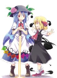 Rule 34 | 2girls, ascot, blonde hair, blue hair, blush, boots, bow, darkness, dress, fangs, food, fruit, full body, hair bow, hair ornament, hat, hinanawi tenshi, leaf, long hair, long sleeves, looking at another, multiple girls, open mouth, outstretched arms, peach, profile, puffy sleeves, red eyes, ribbon, rumia, satou kibi, shirt, short hair, short sleeves, simple background, skirt, skirt set, smile, socks, sweatdrop, sword of hisou, touhou, vest, white background, white legwear