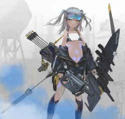 Rule 34 | 1girl, bikini, black bikini, black gloves, black jumpsuit, black socks, bow (weapon), breasts, carrying, commentary request, english text, explosive, fog, gloves, glowing, glowing skin, goggles, goggles on head, grenade, grey hair, gun, highres, holding, holding bow (weapon), holding weapon, holster, jumpsuit, jumpsuit pull, kneehighs, logo, long sleeves, looking at viewer, mecha musume, medium hair, navel, original, outdoors, parted bangs, quiver, scope, short jumpsuit, small breasts, socks, solo, standing, string bikini, swimsuit, szk (sonzaikannai), thigh holster, trigger discipline, two side up, water tower, weapon, yellow eyes, zipper