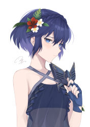 Rule 34 | 1girl, absurdres, blue eyes, blue gloves, blue hair, closed mouth, criss-cross halter, fingerless gloves, fire emblem, fire emblem awakening, fire emblem heroes, flat chest, flower, gloves, hair flower, hair ornament, halterneck, highres, holding, holding mask, looking at viewer, lucina (fire emblem), marth (fire emblem awakening), mask, nintendo, see-through, shimizu akina, short hair, simple background, solo, swimsuit, upper body, white background
