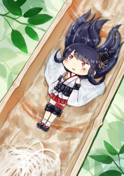 Rule 34 | 1girl, bamboo, bare shoulders, black hair, blush stickers, chibi, commentary request, detached sleeves, food, full body, fusou (kancolle), geta, hair ornament, hinata yuu, japanese clothes, kantai collection, kimono, leaf, leaf background, long hair, looking up, lying, nagashi soumen, nontraditional miko, noodles, on back, parted lips, partial commentary, pleated skirt, pun, red eyes, red skirt, sidelocks, skirt, sleeveless, sleeveless kimono, sliding, solo, soumen, tabi, water, water slide, white kimono, white legwear, white sleeves